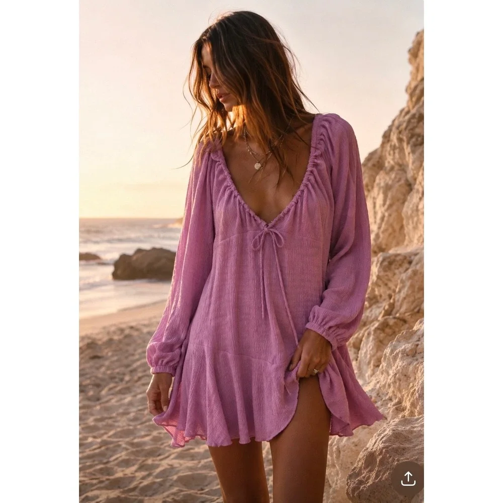 Free People Beach Womens Orchid Purple Textured Tie Front Mini Dress Medium